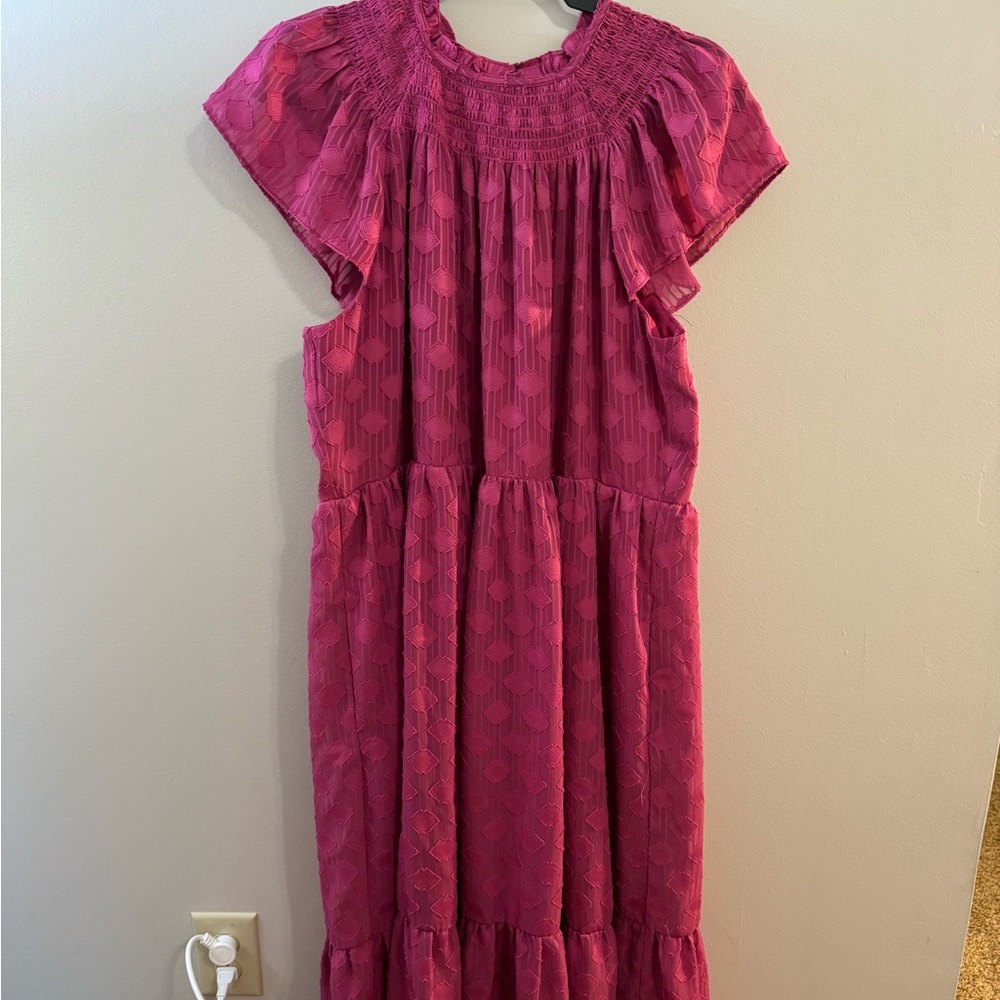 Womens Pink Textured Flutter-Sleeve Dress